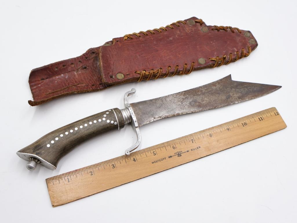 Vintage Bolo Style Knife with Hand Made Leather Sheath - 2