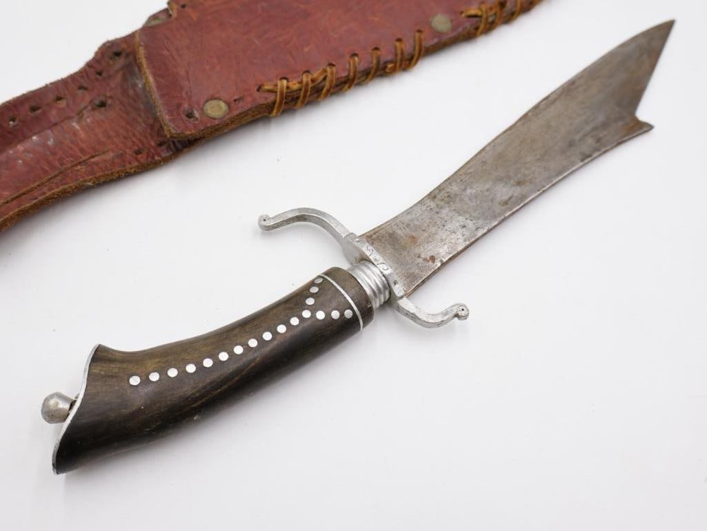 Vintage Bolo Style Knife with Hand Made Leather Sheath - 7