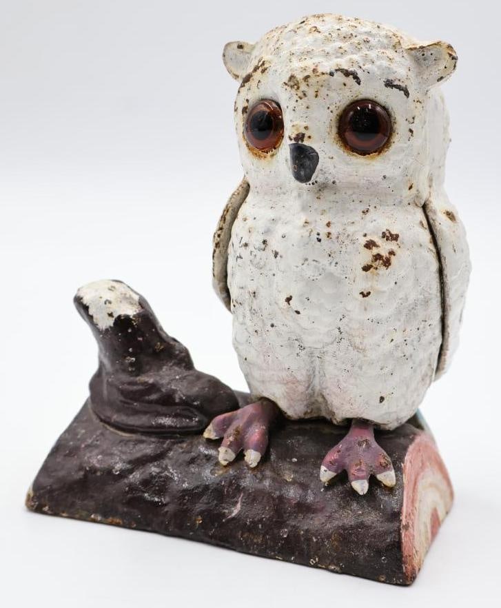 Vintage Cast Iron Owl Bank: Featuring large glass eyes, about 6" tall