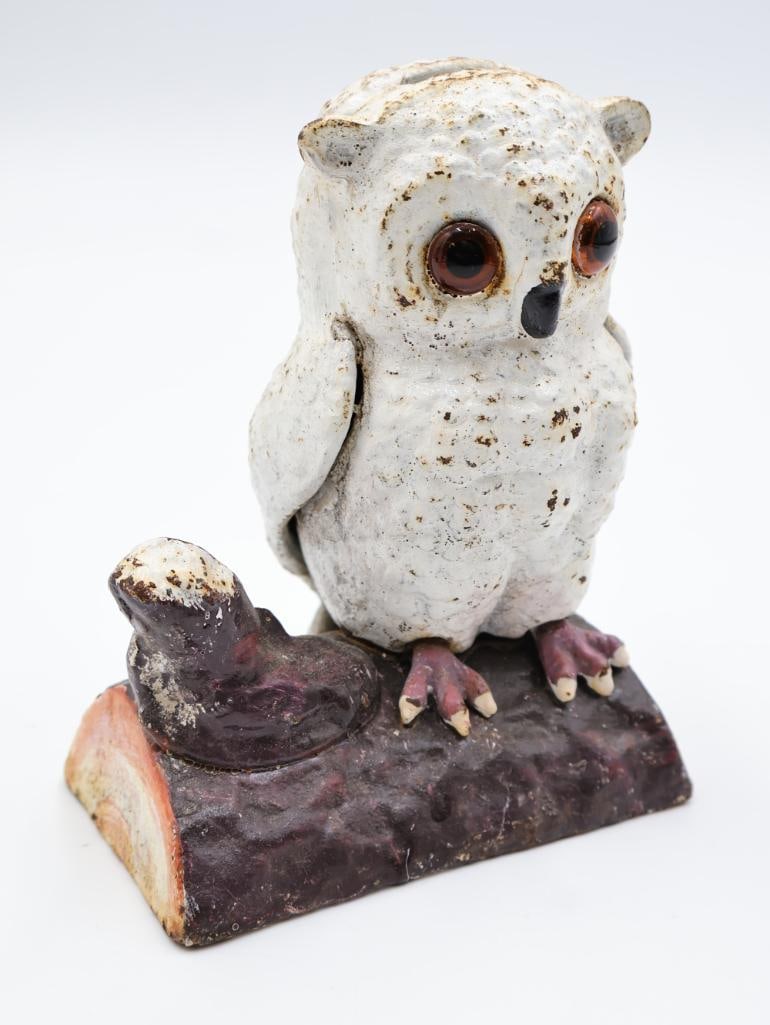Vintage Cast Iron Owl Bank: Featuring large glass eyes, about 6" tall