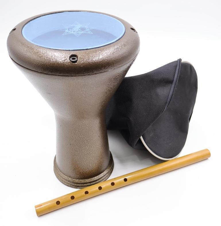 Gawharet El Fan Drum Metal Darbuka and Wooden Flute: Alexandria brand darbuka hand drum featuring a central Egyptian star design with case, and carved wood bamboo recorder/flute