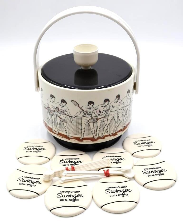 Vintage Cera 'Swinger' Ice Bucket Tennis Drink Set: Tennis themed ice bucket by Cera with set of 'Championship Swinger' coasters and stir sticks made in USA
