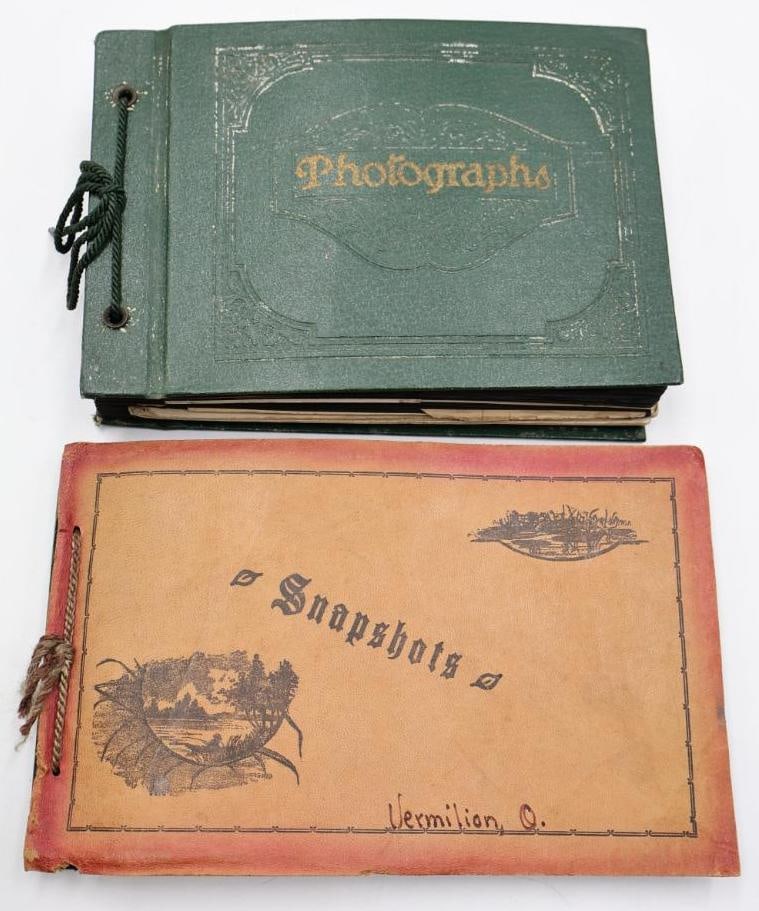 Pair of Antique Photo Albums: Leather bound 'Snapshot' album featuring beach and travel photos, including what appears to be a visit to Vista House on the Columbia Gorge. Green album filled with life photos, beginning showing