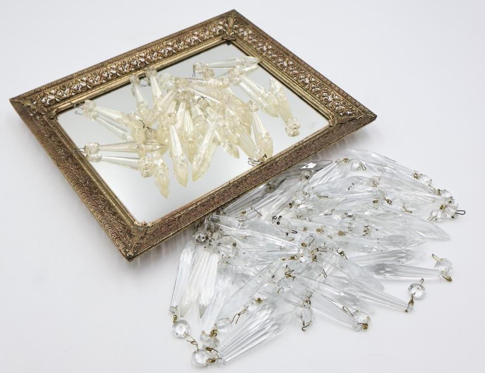 Collection of Crystal and Plastic Prisms: Includes mirror tray with plastic prisms, and ones off try are all glass/crystal prisms