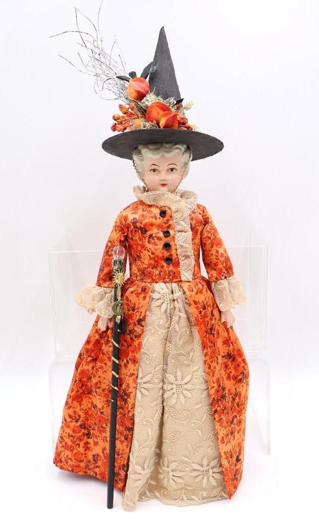 Vintage Doll with Handmade Witches Hat and Staff: Lovely detail added to this vintage doll turned into a fall whimsical witch with handmade hat with dried flowers and crow accents. One hand the thumb has a chip please see all photos