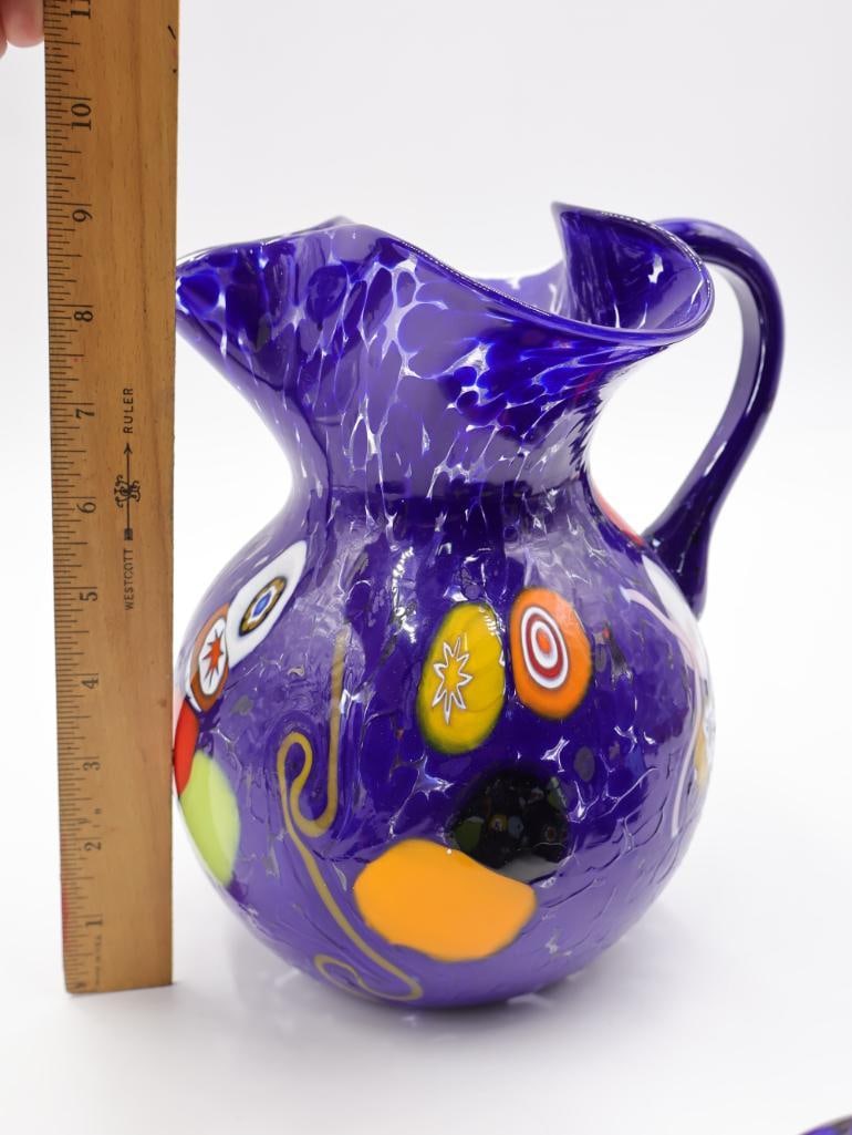 Artisan Glass Venetian Pitcher and Cups, with Matching Napkin Rings - 14