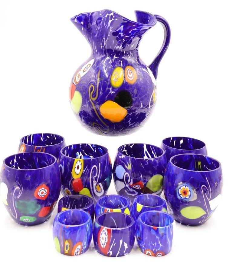 Artisan Glass Venetian Pitcher and Cups, with Matching Napkin Rings: Etch signed on bottom of pitcher and glasses, lovely cobalt glass with millefiori style color swirls