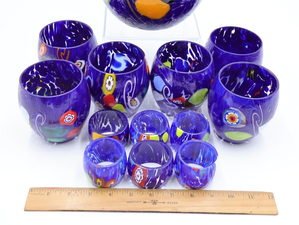 Artisan Glass Venetian Pitcher and Cups, with Matching Napkin Rings - 2