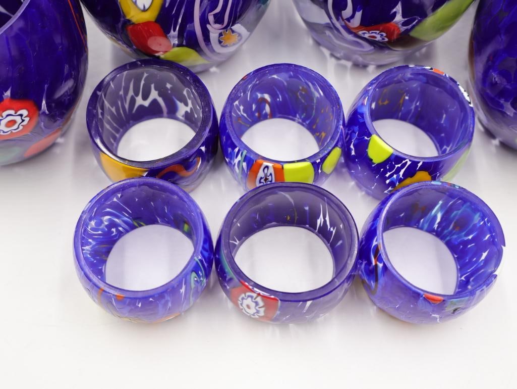 Artisan Glass Venetian Pitcher and Cups, with Matching Napkin Rings - 3