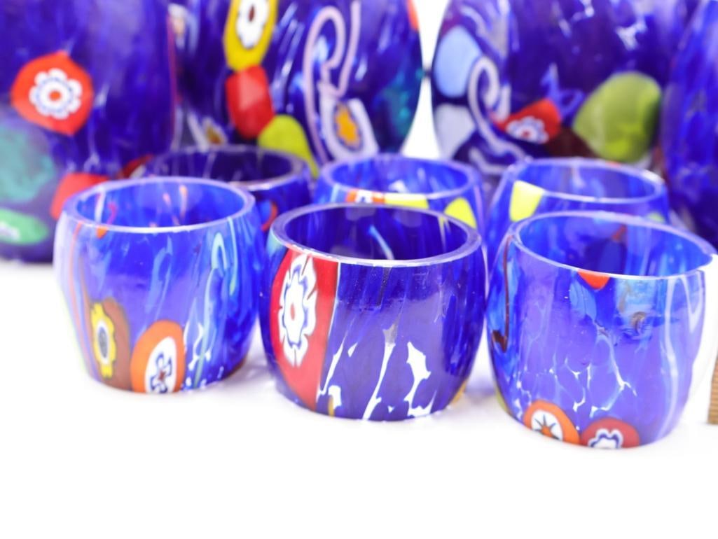 Artisan Glass Venetian Pitcher and Cups, with Matching Napkin Rings - 4