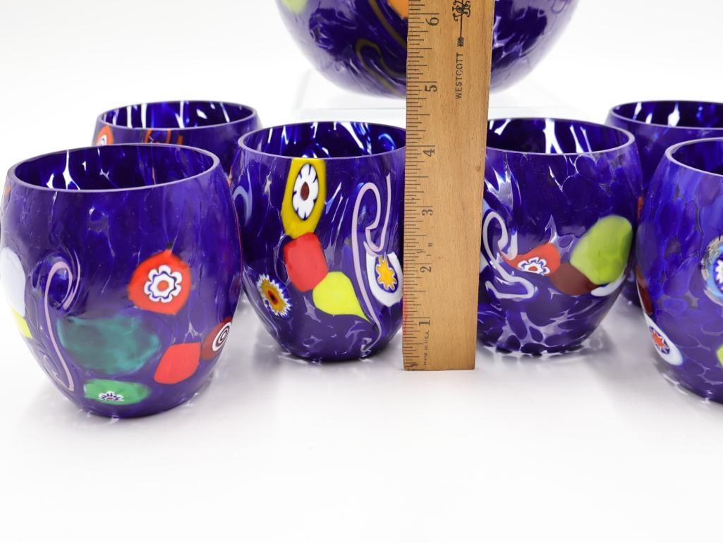 Artisan Glass Venetian Pitcher and Cups, with Matching Napkin Rings - 7