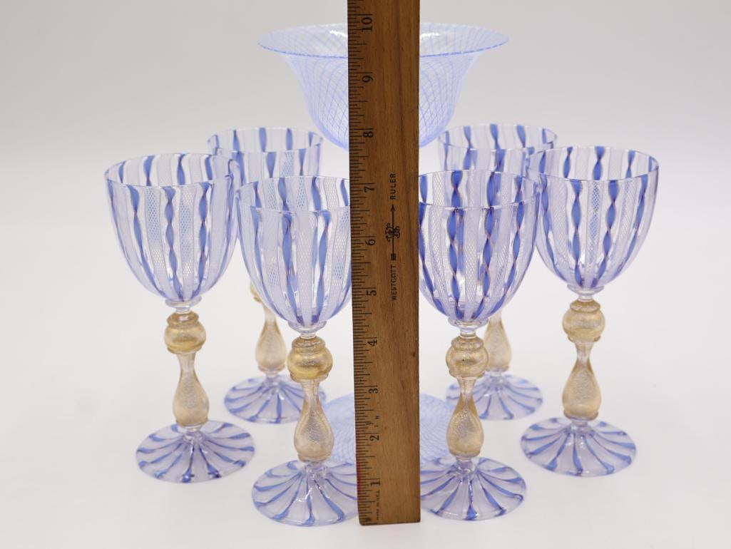 Fine Venetian Murano Filigrana Latticino & Aventurine Glass Goblet Set with Compote - 2