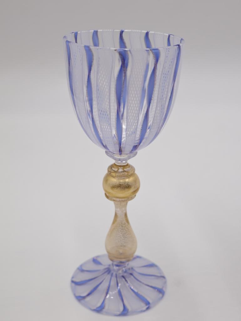 Fine Venetian Murano Filigrana Latticino & Aventurine Glass Goblet Set with Compote - 3