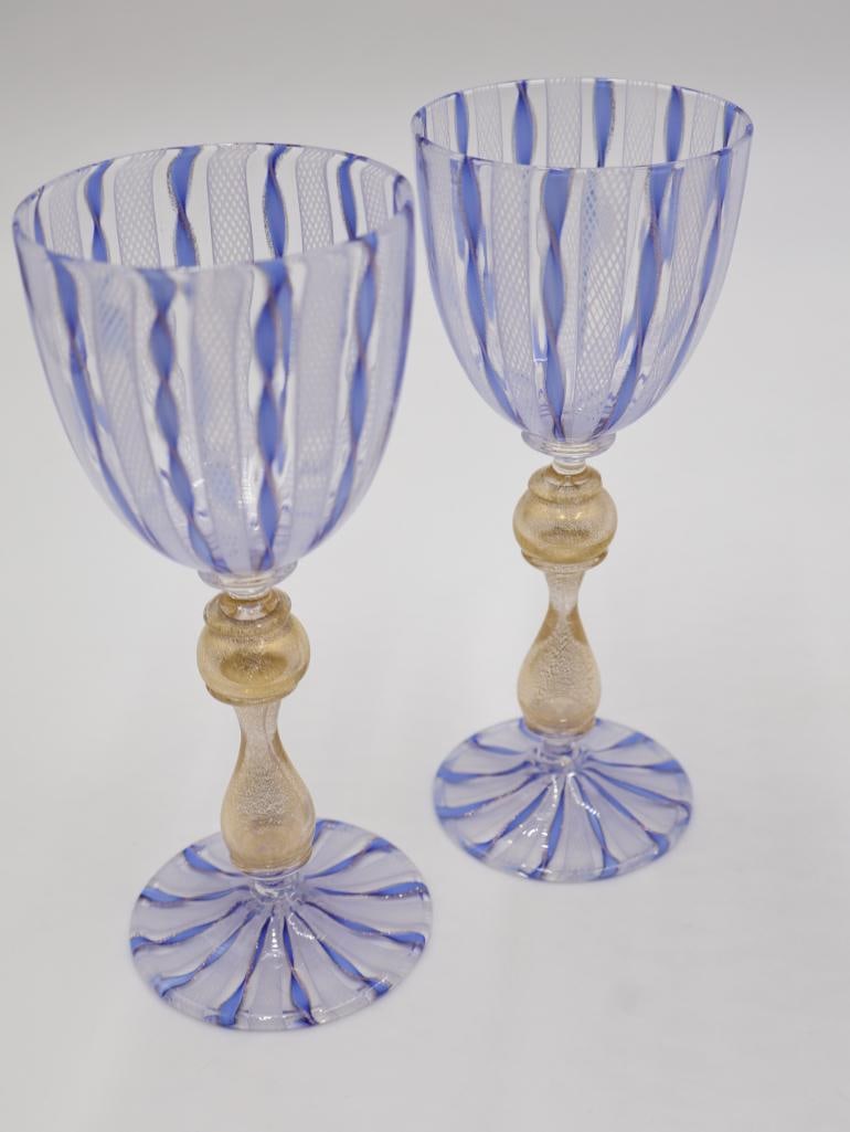 Fine Venetian Murano Filigrana Latticino & Aventurine Glass Goblet Set with Compote - 7