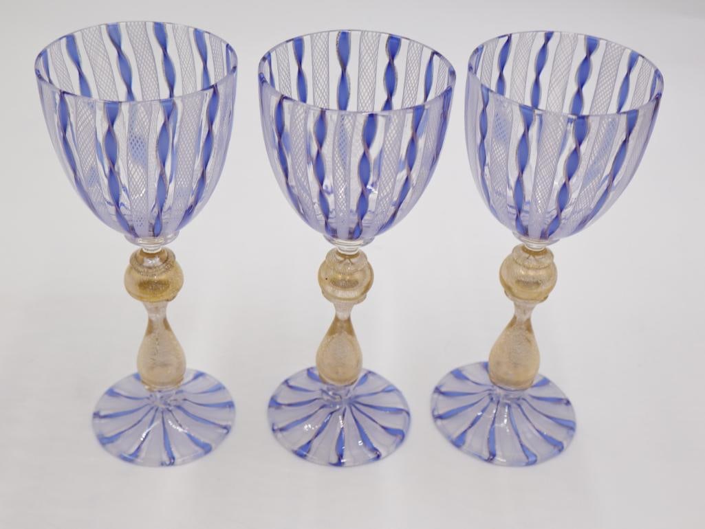 Fine Venetian Murano Filigrana Latticino & Aventurine Glass Goblet Set with Compote - 8