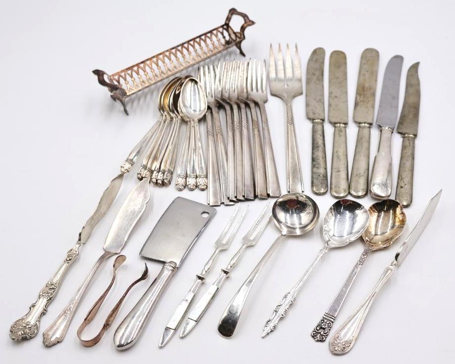 Various Serving and Silverware: Gorham stainless silverplate small meat/cheese cleaver, tongs, spreaders and more