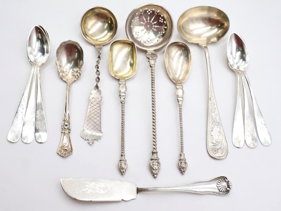 Antique and Vintage Spoons and Sterling Silver Spreader: Marked Sterling silver spreader with weight in photos, and antique spoons with possible silver content, please see all photos for maker marks