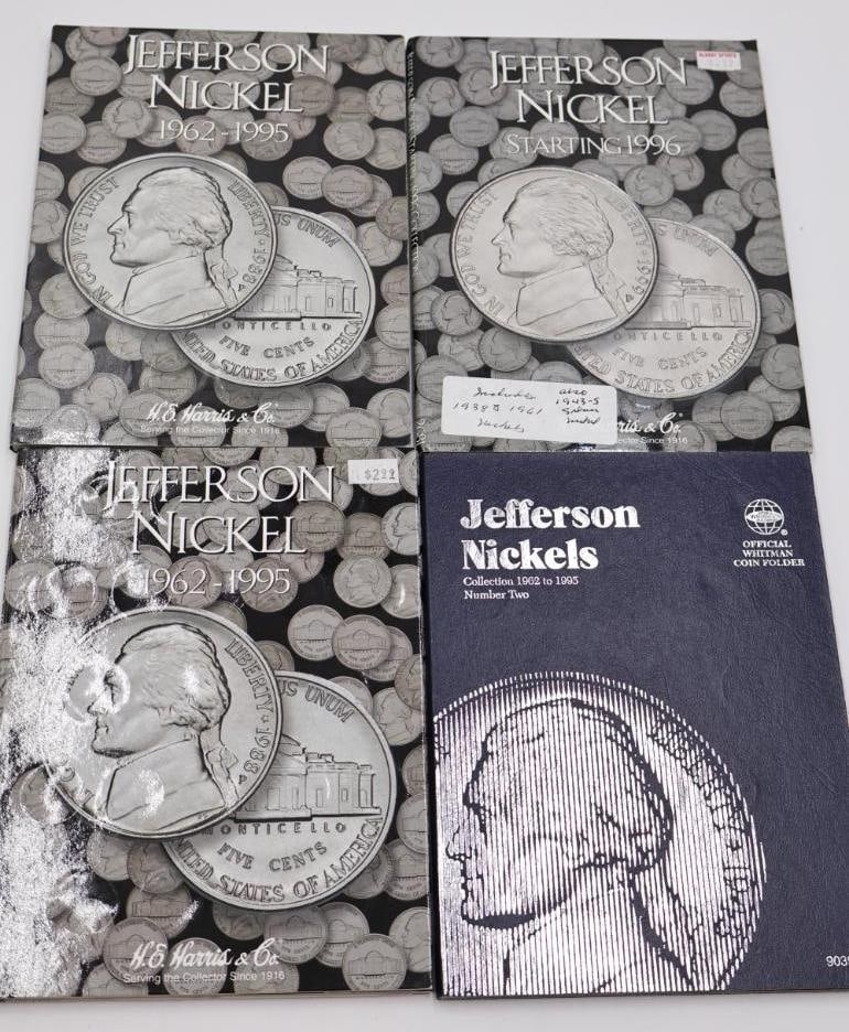 Four Coin Folders Full of Jefferson Nickels: One marked silver. Please see all photos for what is actually included. This collector modified many of the folders and renamed the slots for the coins
