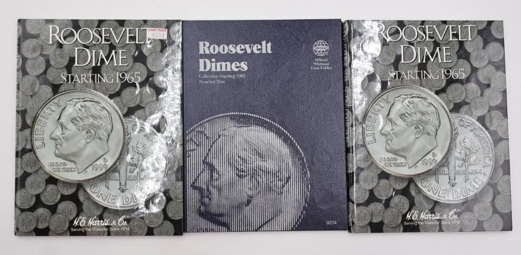 Three Roosevelt Dime Coin Folders: Please see all photos for what is actually included. This collector modified many of the folders and renamed the slots for the coins