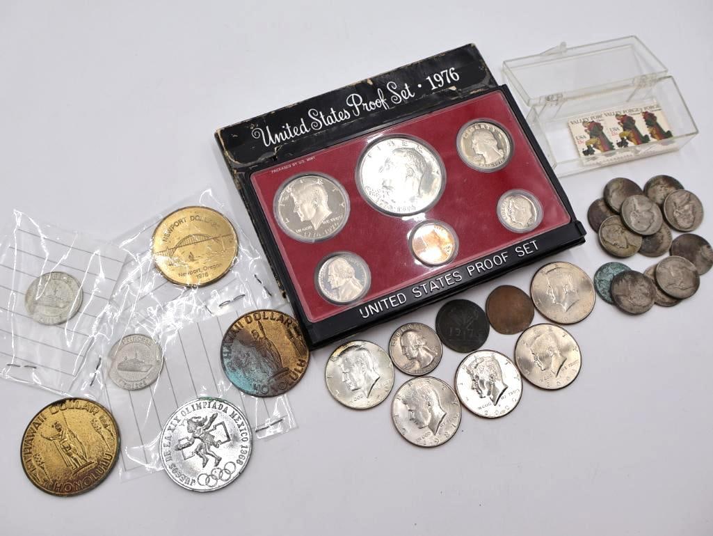 1976 US Proof Set and Collectible Coins and Tokens: Includes Kennedy half dollars, binnectnial quarter, reproduction 1776 coin, Hawaii dollars, Olympic mexico token and more. Please see all photos for what is actually included.