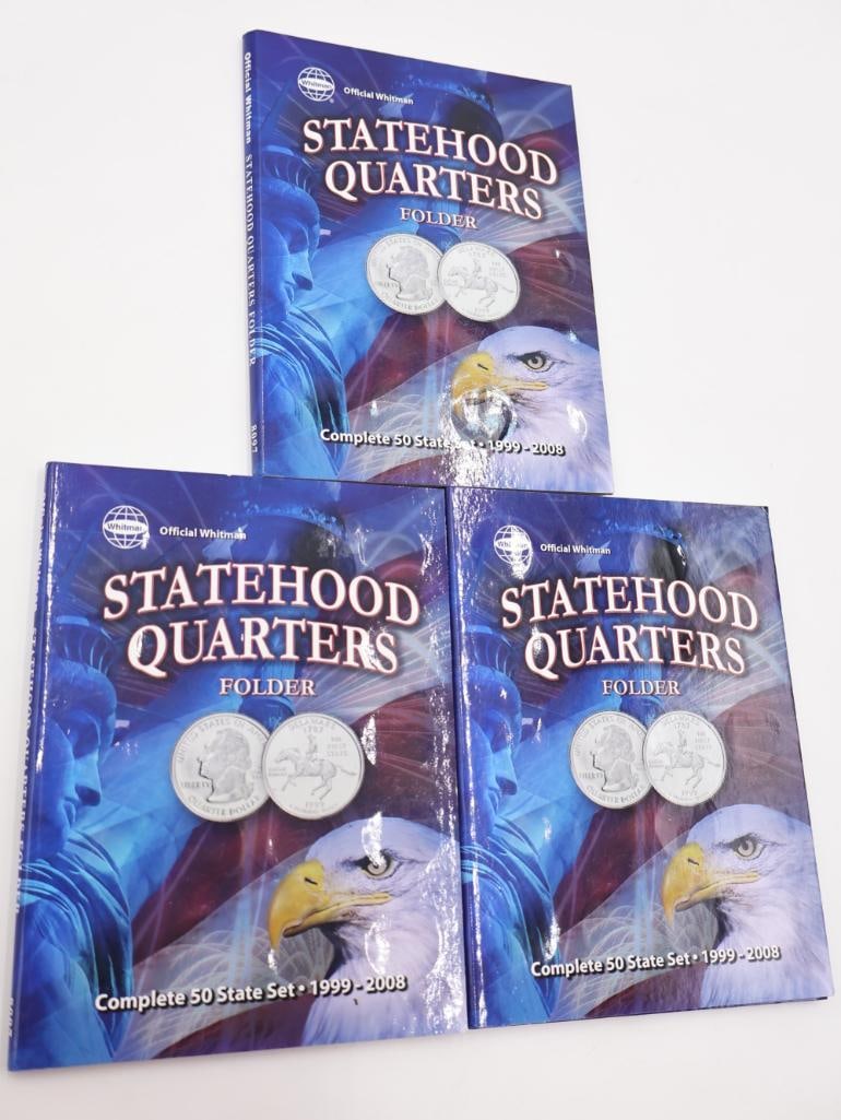 Three Statehood Quarter Coin Folders: All three full. Please see all photos for what is actually included. This collector modified many of the folders and may have renamed the slots for the coins