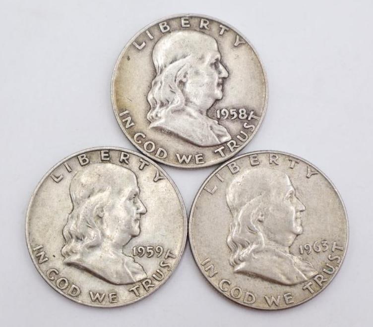 Three Benjamin Franklin Half Dollars: 90% silver content coins, 1958 - 1963