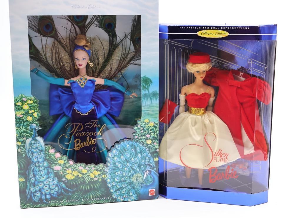 Two Collector Barbies in Original Packaging: The Peacock Barbie and Silken Flame Collector Edition Barbie