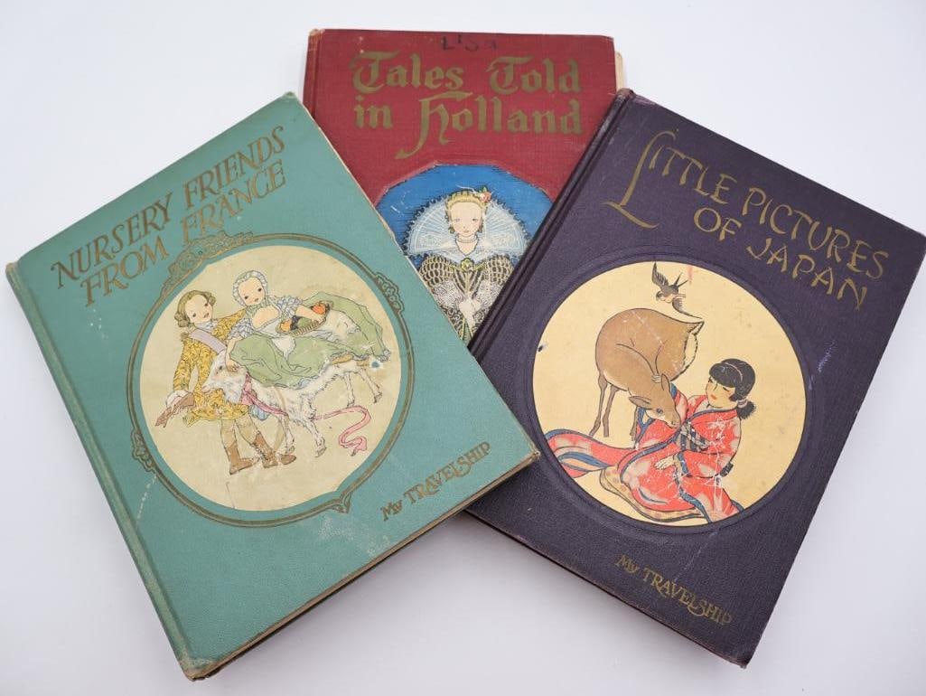 Antique 'My Travelship' Children Story Books: Copyright from the 1920's, featuring lovely art throughout each book. Nursery Friends from France, Tales Told in Holland, and Little Pictures of Japan. Please see all photos for conditions,