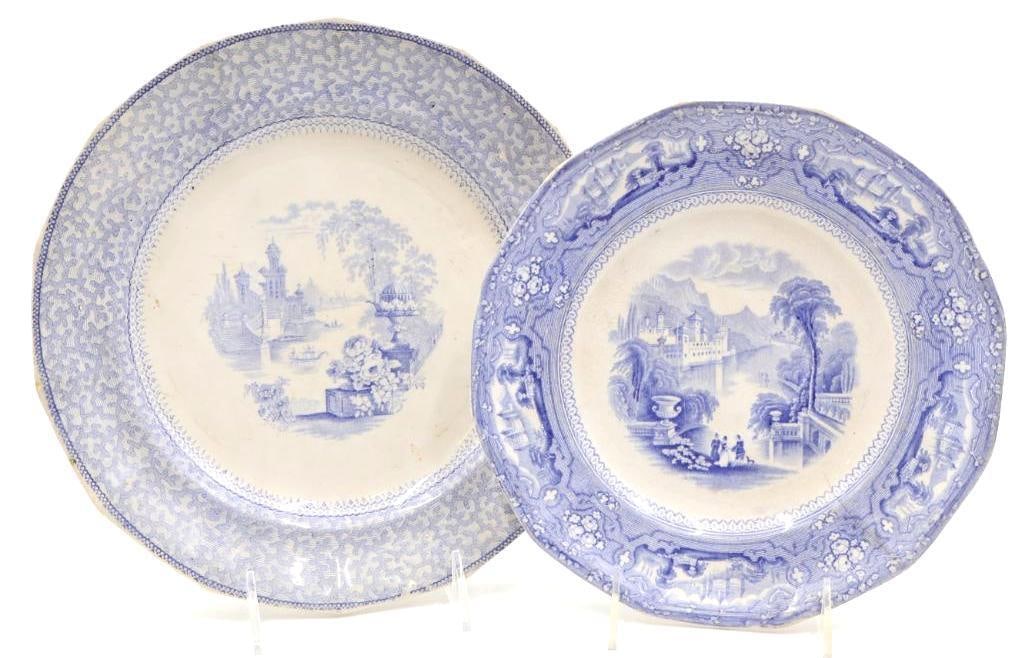 Two Antique Ironstone Blue Transferware Plates: T. Goodfellow Alleghany Ironstone plate, and G. Phillips Marino Pearlware Plate