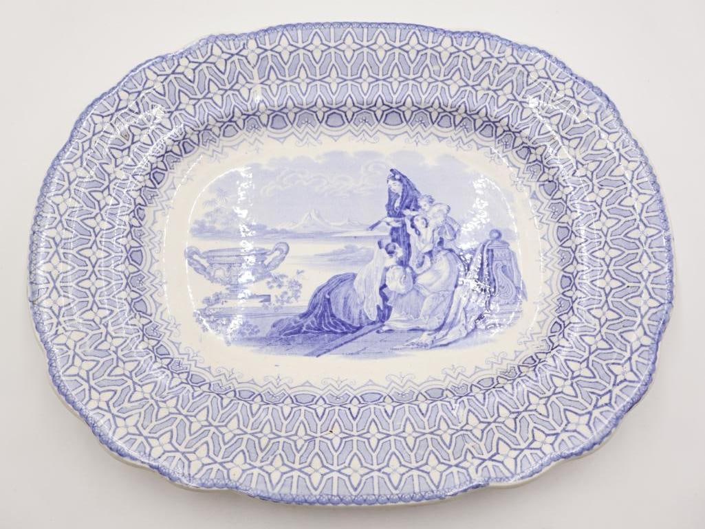 Antique Blue Transferware Platter: Featuring Three Ladies set against a mountainous backdrop, only mark on back is a stamp '14' overall good condition