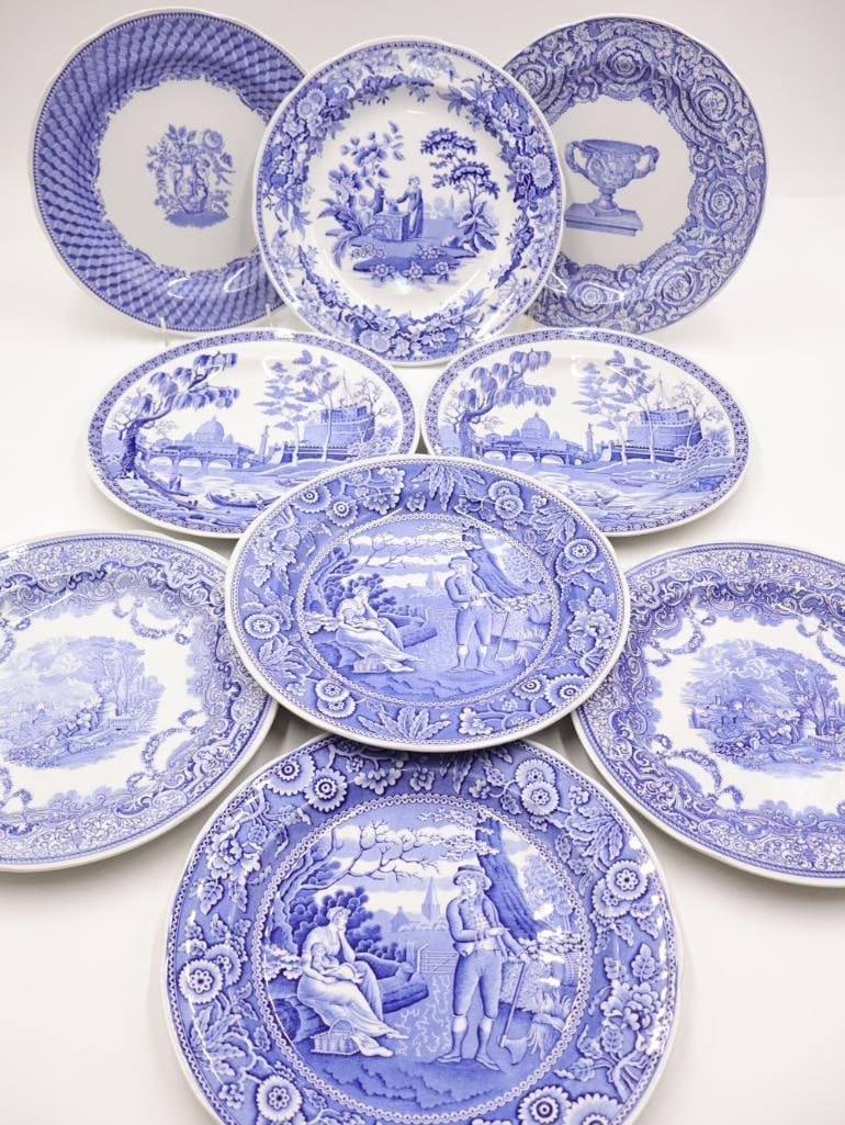 Various Spode Blue Transferware Plate Pairs and More: Pair of Woodman, Continental Views, and Rome plates. Single plates of Girl and Well, Warwick Vase, and Portland Vase