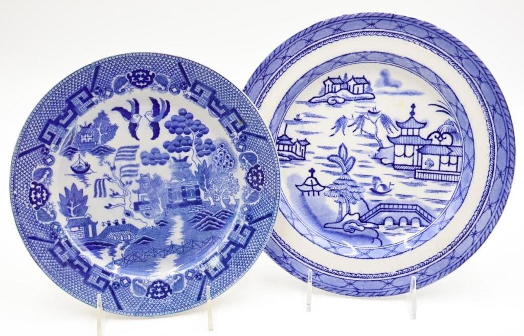 Two Antique Asian Inspired Blue Transferware Plates: Japanese BLue Willow early 1900's, and Ashworth Brothers plate Real Old Canton