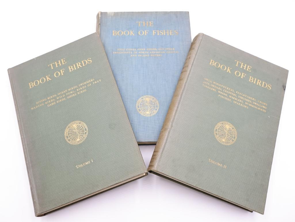 Three Vintage National Geographic Books of Birds and Fishes: 1939 volume I and II of The Book of Birds and The Book of Fishes. All featuring great color illustrations and black and white photographs of birds and fishes from around the world
