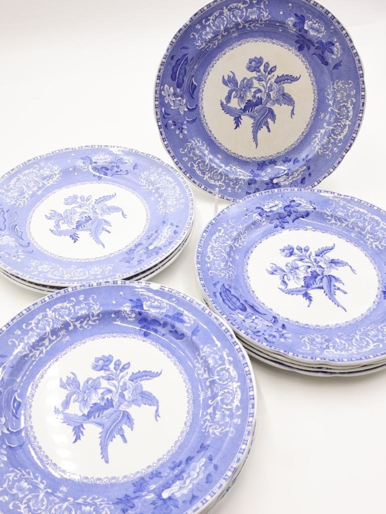 Set of Spode Blue Transferware Camilla Plates: Set of 12 Camilla plates, varying dates of production and some minor chips please see all photos