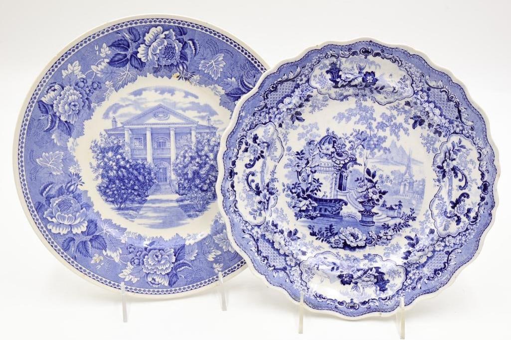 Two Antique Blue Transferware Plates: Wedgwood Rosalie Historic State Shrine DAR plate and Adelaide's Bower Stone China