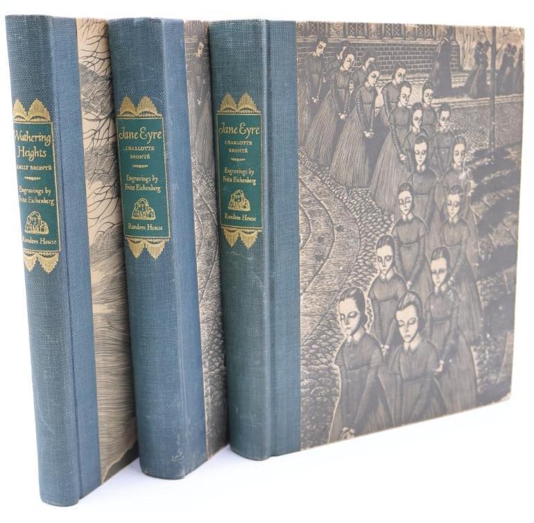 1943 Random House Set of Bronte Sister Books: Wuthering Heights by Emily Bronte and two copies of Jane Eyre by Charlotte Bronte, featuring wood engravings throughout all books