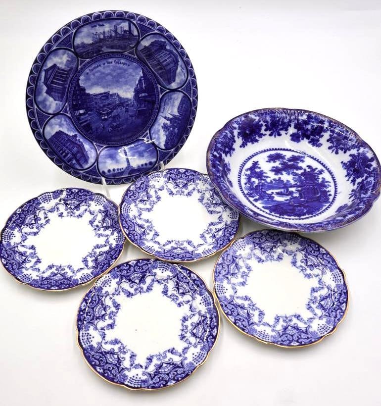 Various Blue Transferware Dishes and Souvenir: George Jones & Sons Crescent china set of 4 small plates, Fairy Villas" pattern by W. Adams & Co bowl, and souvenir plate from New Orleans by Rowland and Marsellus Co.