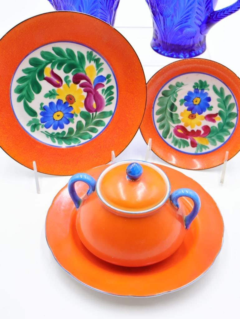 Collection of Vintage Orange and Blue Dishes - 8