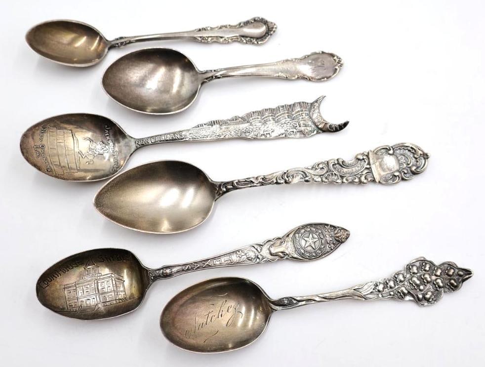 Six Sterling Silver Spoons: Unique marked sterling silver spoons with monogram and souvenir spoons like Texas, New Orleans. Please see all photos for weights
