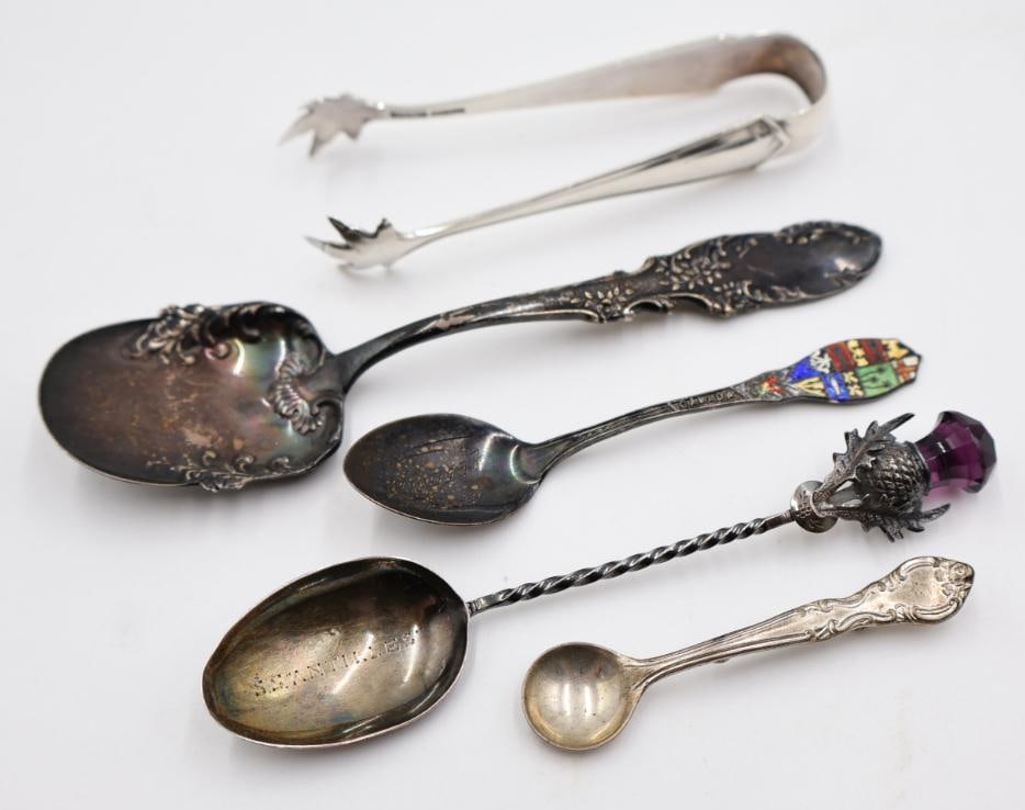 Collection of Sterling Silverware Including Lovely Thistle Amethyst Spoon: Small sterling marked spoon pin/brooch, thistle topped spoon marked S.S. Antilles. Please see all photos for weights