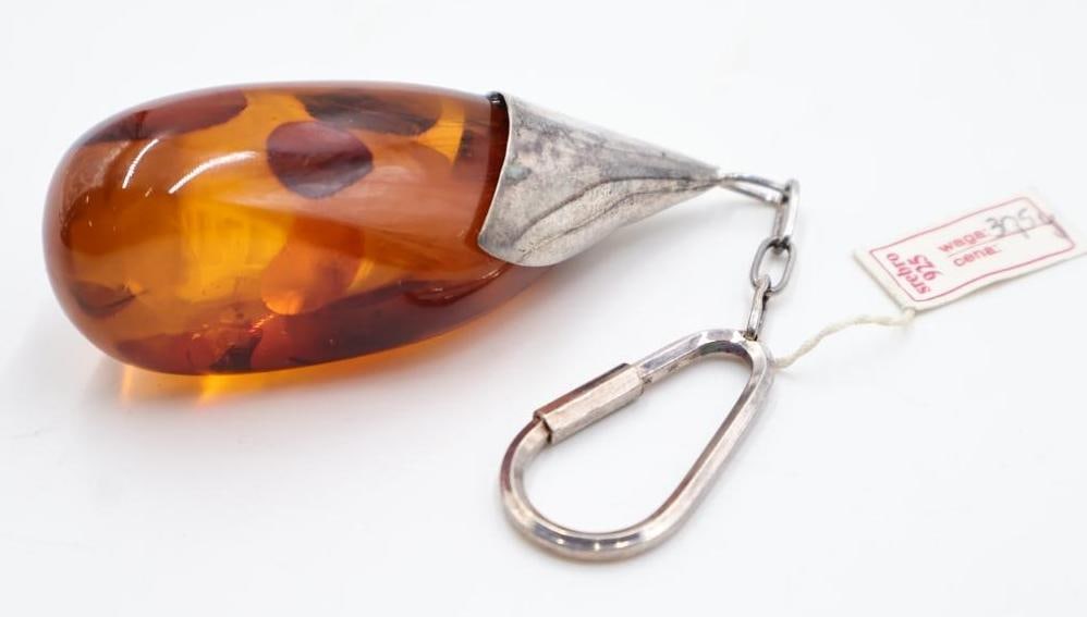 Vintage Sterling Silver Amber Key Ring: Tag states in Polish '925 sterling silver' NBJ GDANSK
