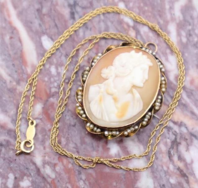 Antique Victorian Shell Cameo Pendant Pin and 14K Gold Chain: Lovely carved shell cameo that was popular in the Victorian era, adorned with seed pearls on 10k yellow gold casing that can be worn as a pendant or a brooch, on a 14K yellow gold chain. Please see