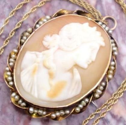 Antique Victorian Shell Cameo Pendant Pin and 14K Gold Chain - 2