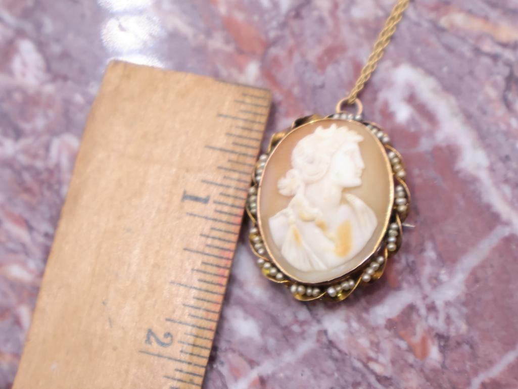 Antique Victorian Shell Cameo Pendant Pin and 14K Gold Chain - 3