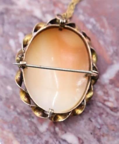 Antique Victorian Shell Cameo Pendant Pin and 14K Gold Chain - 6