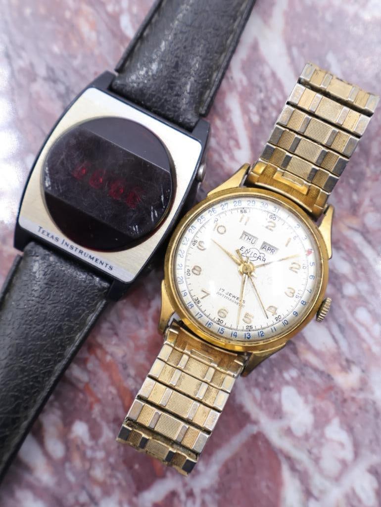 Antique Enicar and Texas Instruments Watches: Vintage Enicar 17 Jewels wristwatch and Texas Instruments, both unknown working conditions