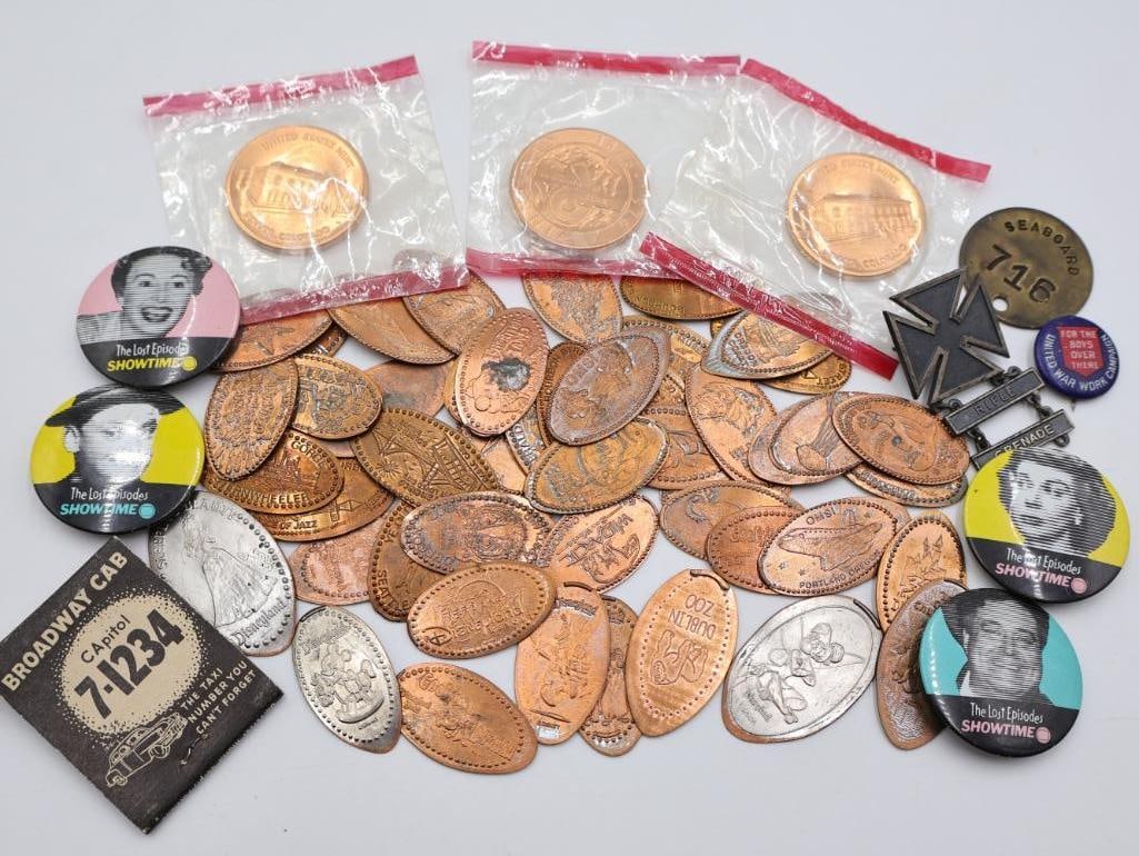 Collection of Stamped Flattened Pennies and More: Large collection of flattened stamped pennies from Disneyland to Oregon coast and more, The Lost Episodes buttons, Rifle Marksmanship Badge, Seaboard token, War Work campaign button, and more