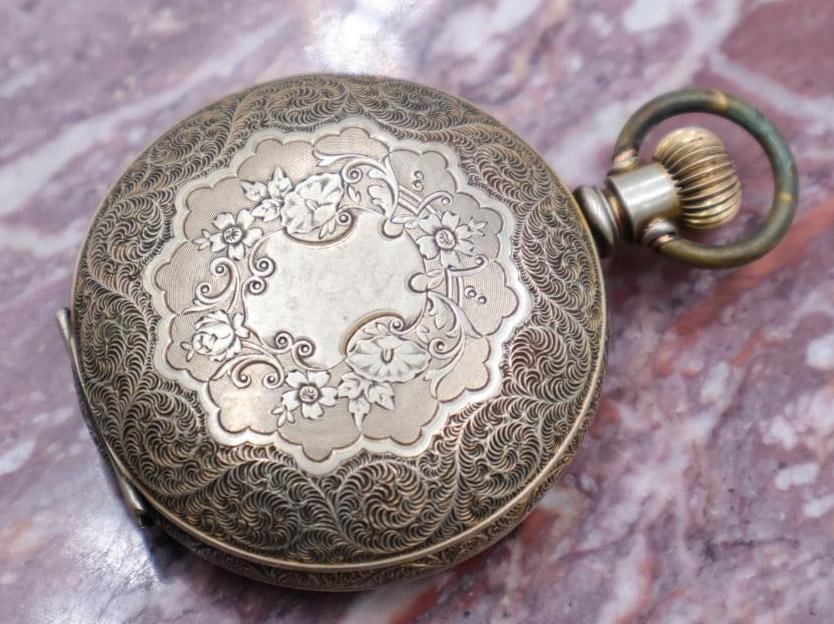 Antique Double Hunter Hampden Watch Co. Pocket Watch: Vintage Hampden Watch Co mechanism set in ornate etched floral case marked Duber W. C. Co.