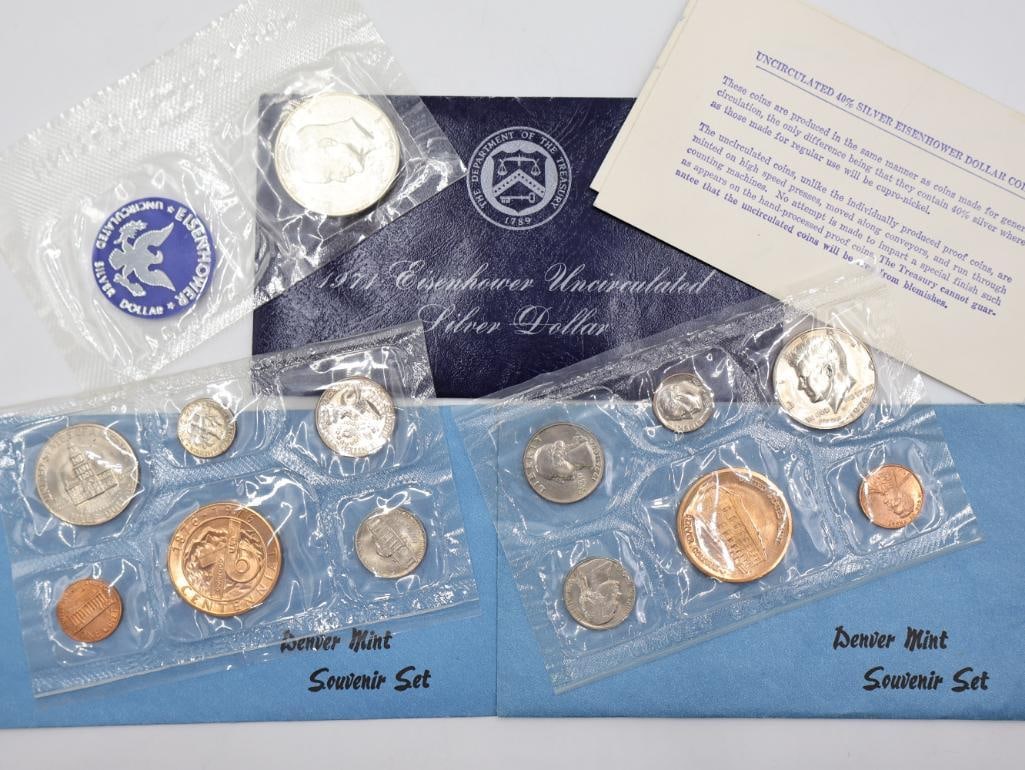 Uncirculated Silver Dollar and Denver Mint Sets: 1971 Eisenhower Uncirculated Silver dollar with envelope, and two Denver mint souvenir sets