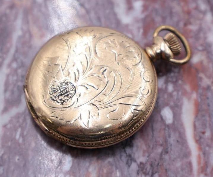 Antique Ornate Small Ladies Gold Filled Double Hunter Pocket Watch: Vintage Waltham pocket watch, gold filled case monogrammed on back panel